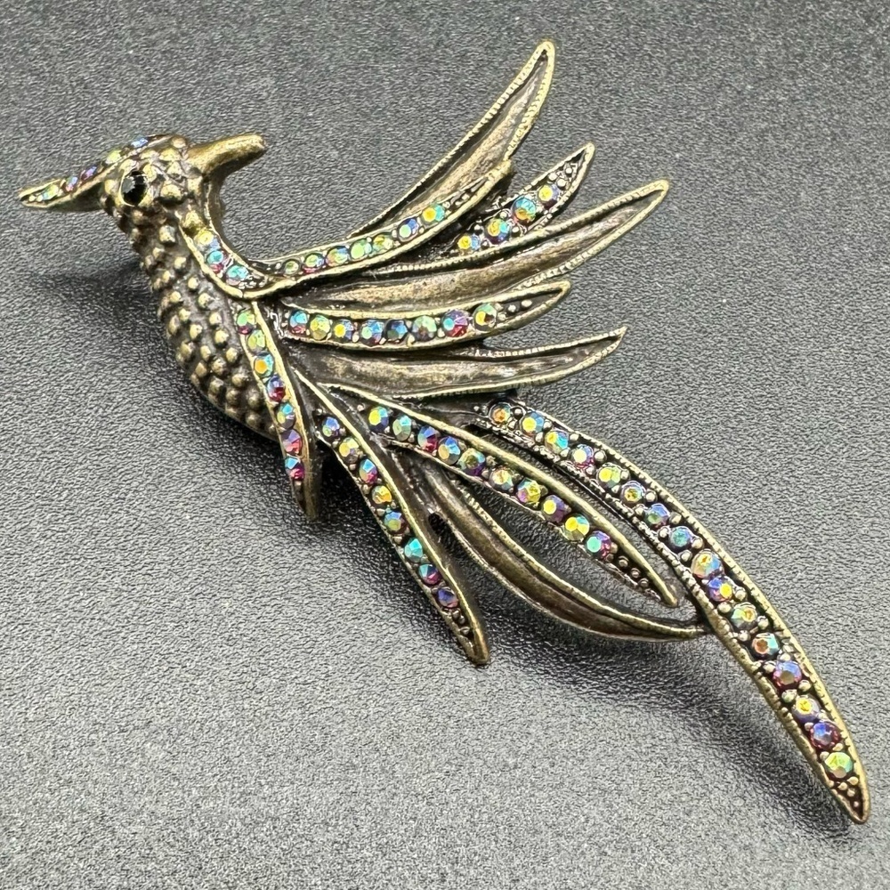 Vintage Bronze Bird of Paradise Brooch with Embedded Aurora Borealis Crystals
